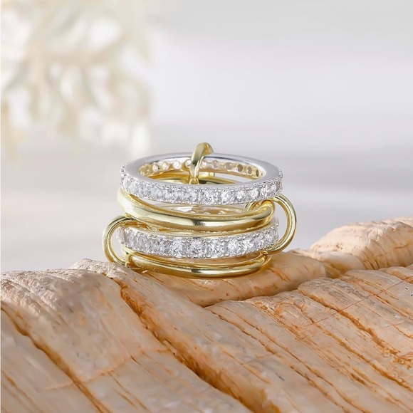 Interlocked Stackable Ring 14K Gold Plated Mixed Metal & Cubic Zirconia - BNIB - Picture 4 of 7